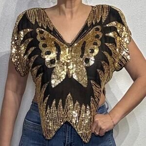 Exclusive by Jainsons International Black Gold Silk Sequin Butterfly Top Sz M